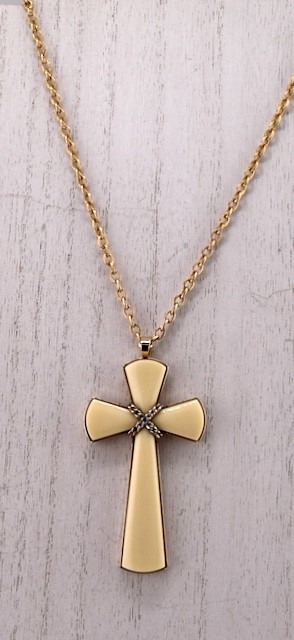 Vintage 1970’s Avon “Juliet” Cross Pendant Necklace Ivory Color, Gold Tone Chain