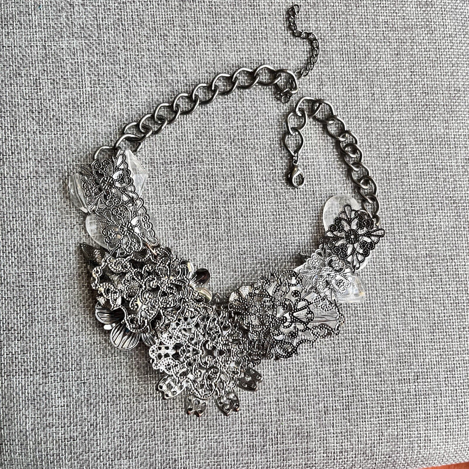 Goth Statement Necklace – Gunmetal & Crystal Floral Necklace – Chunky Necklace