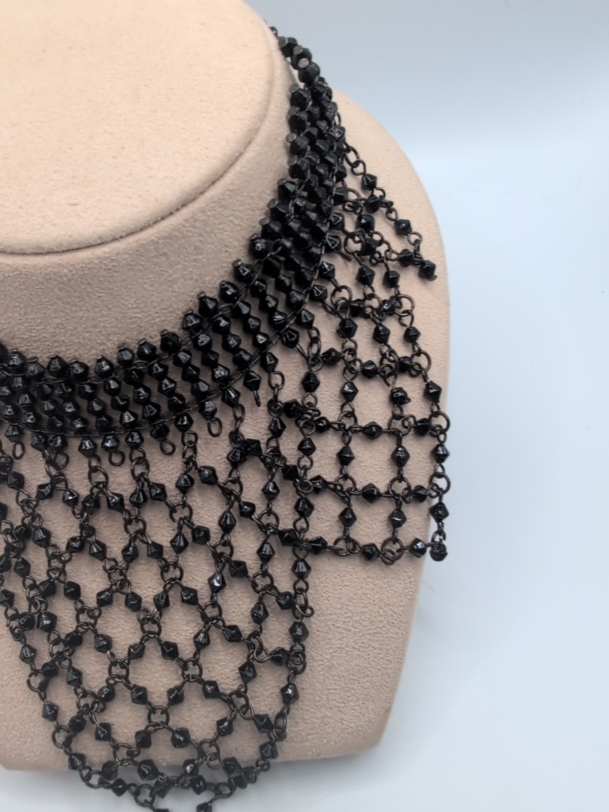 Victorian Revival Black Glass Beaded Cascading Collar Necklace Gothic