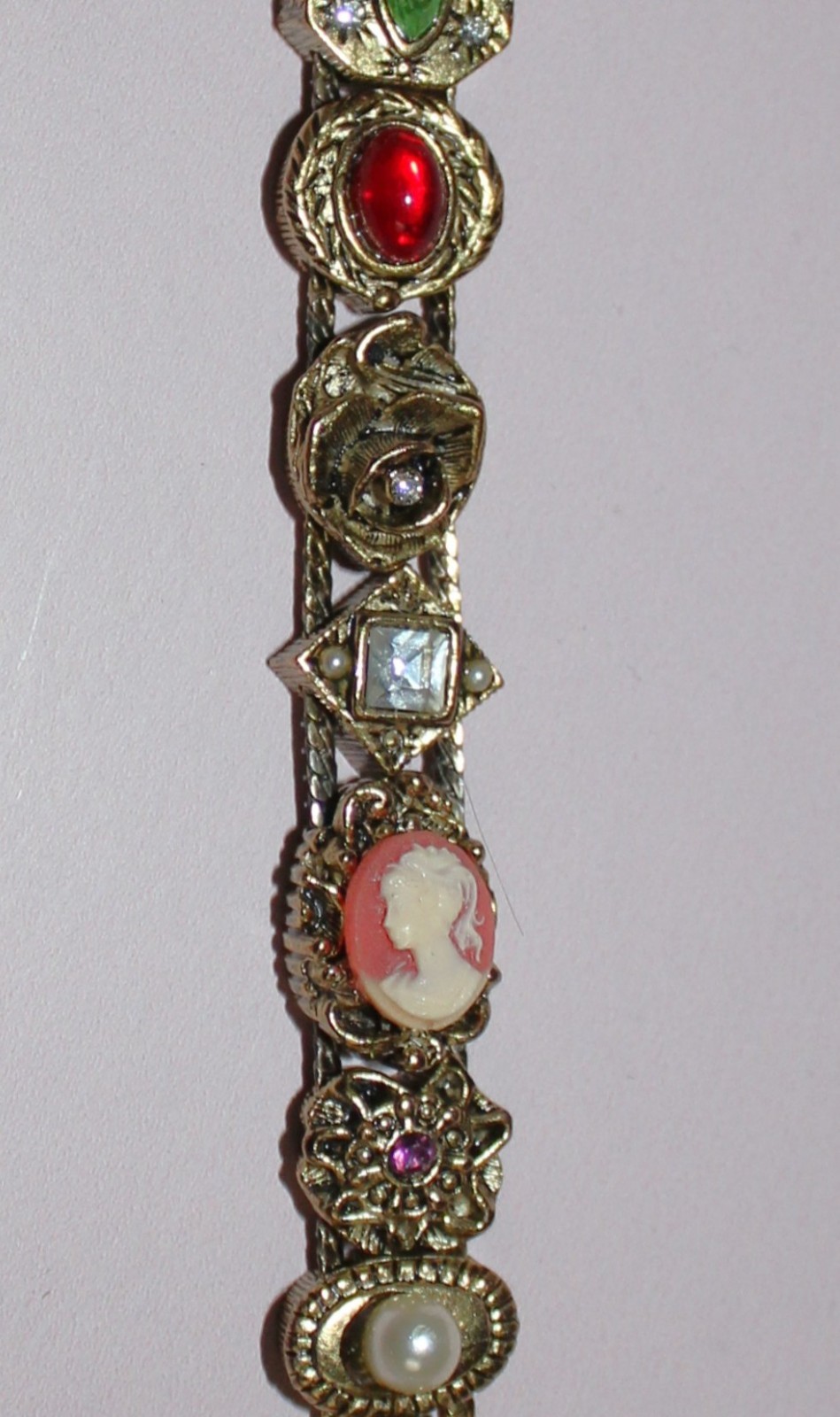 Vtg Slide Charm Bracelet Victorian Revival Rose Cameo Bee Gold Tone 7.5″