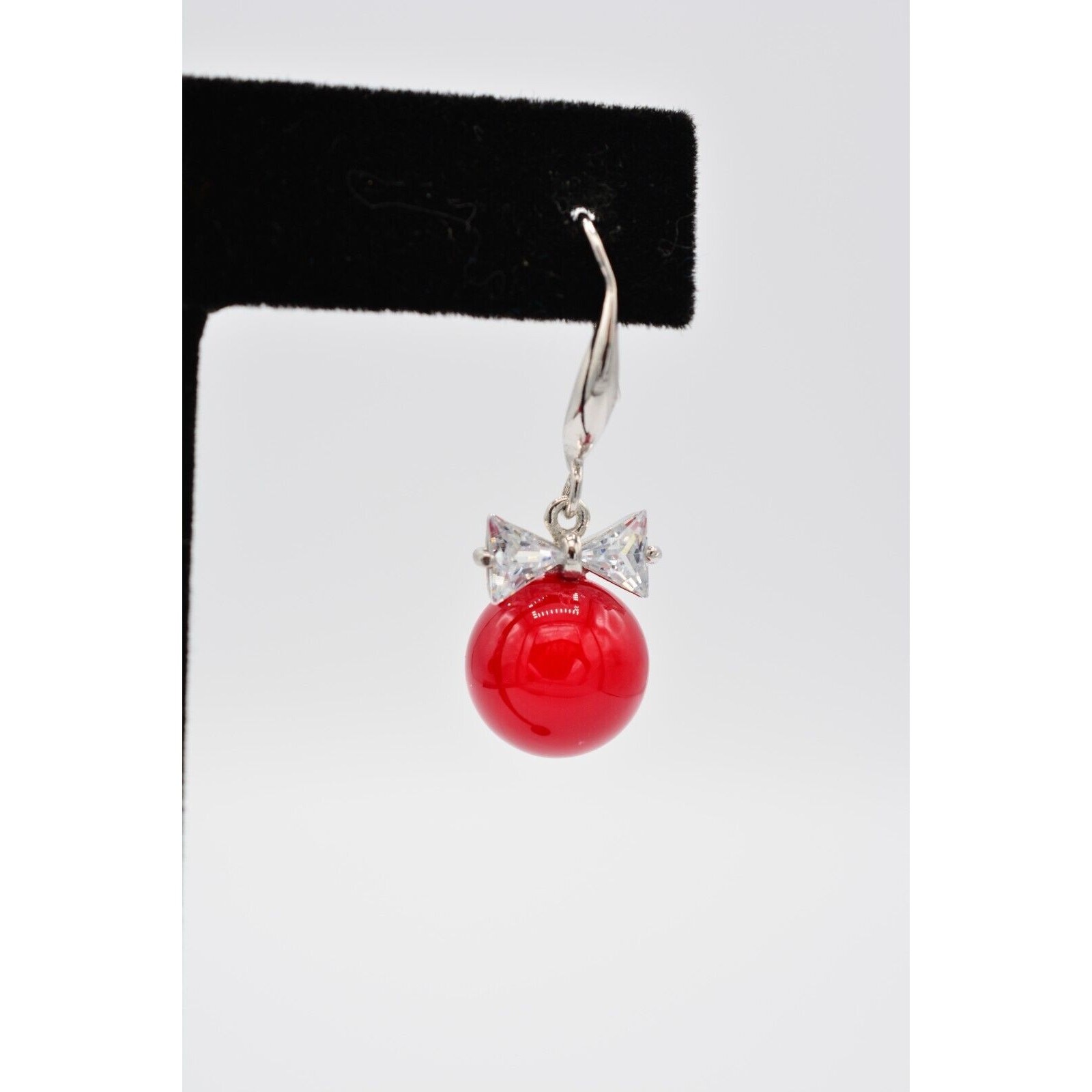 Vintage Dangle Earrings Crystal Bezel Bow Red Ball Drop Round 1990s BinAO