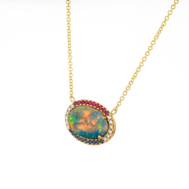 Peter Suchy 1.53 Carat Opal Diamond Ruby Sapphire Yellow Gold Pendant Necklace