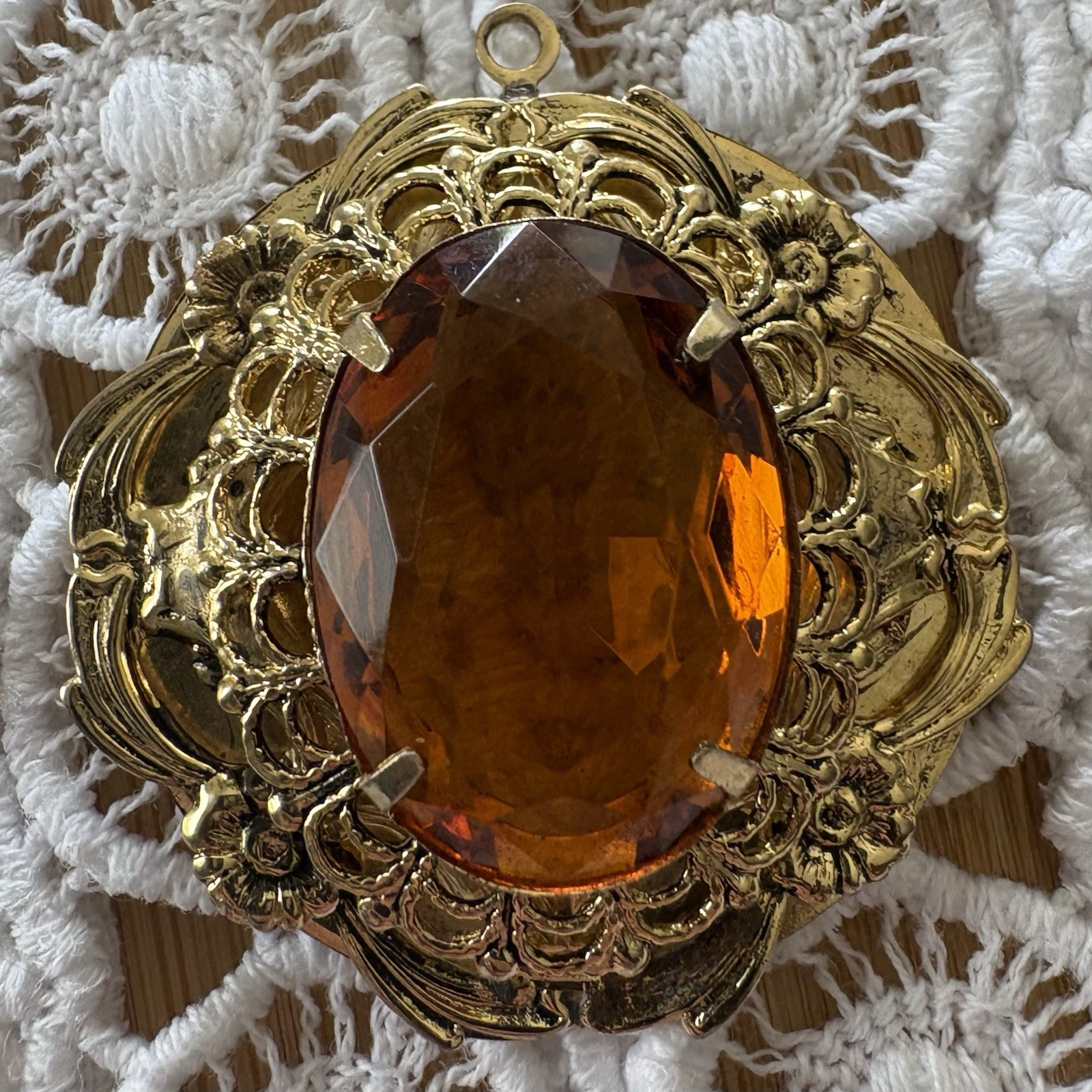 Vintage Victorian Revival Filigree Pendant Honey Amber Glass Gold Tone Ornate