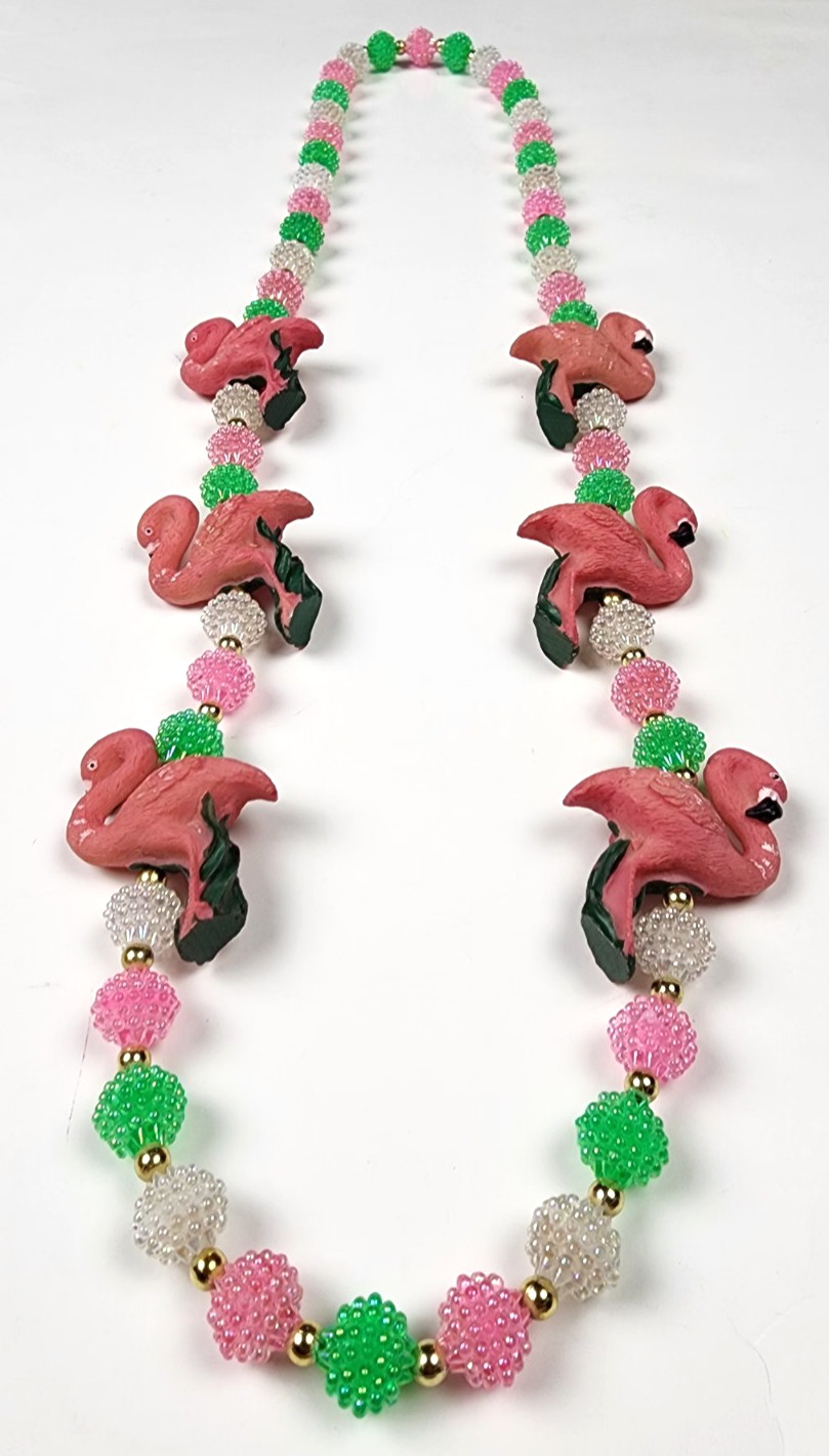 VTG Pastel Resin POPCORN Beaded Flamingo Necklace Pink Green FUN witty Wear