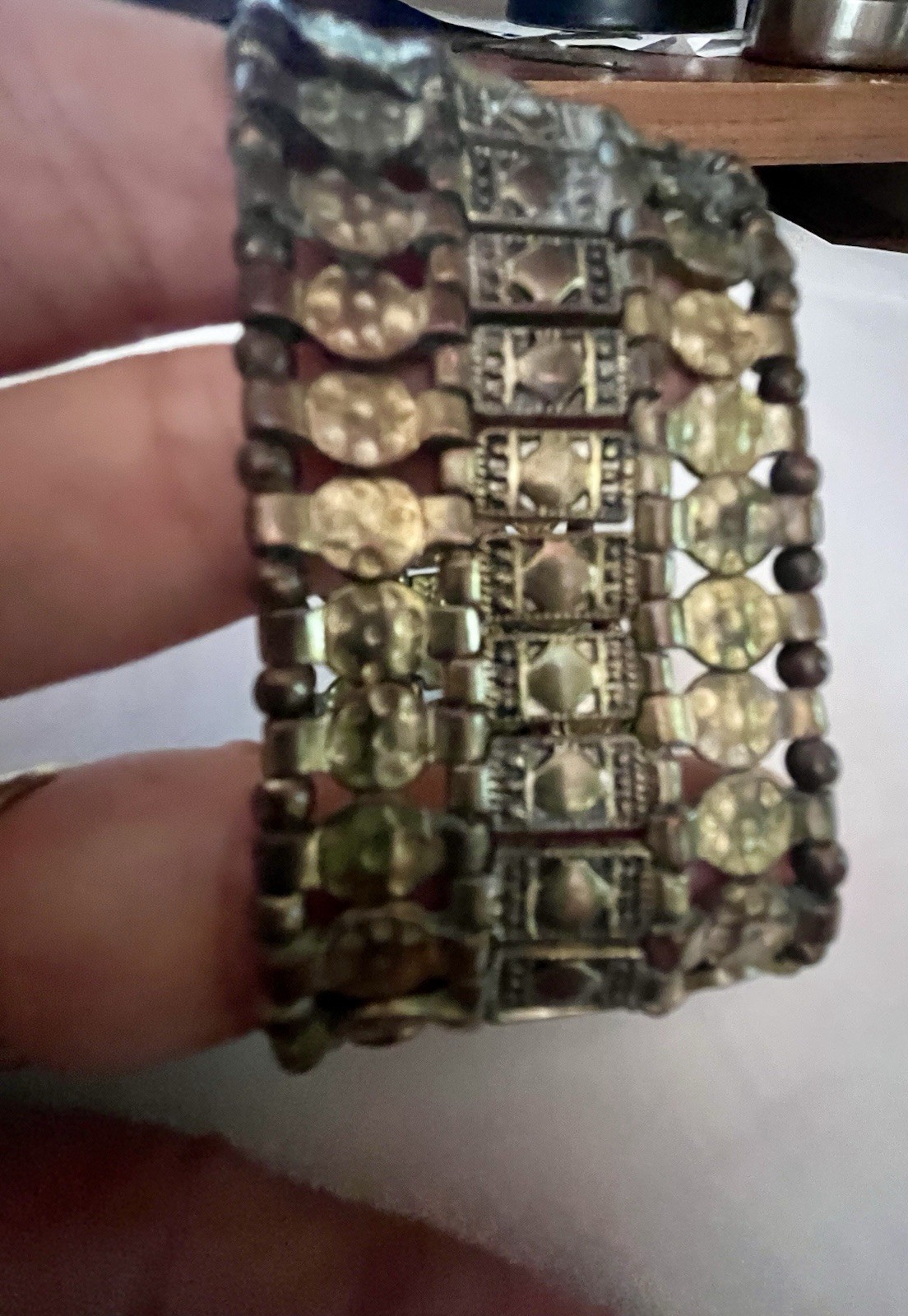 Vtg Brass Metal Ornate Beaded Stretch Cuff Bracelet 1.5” W One Size 6-8” Wrist