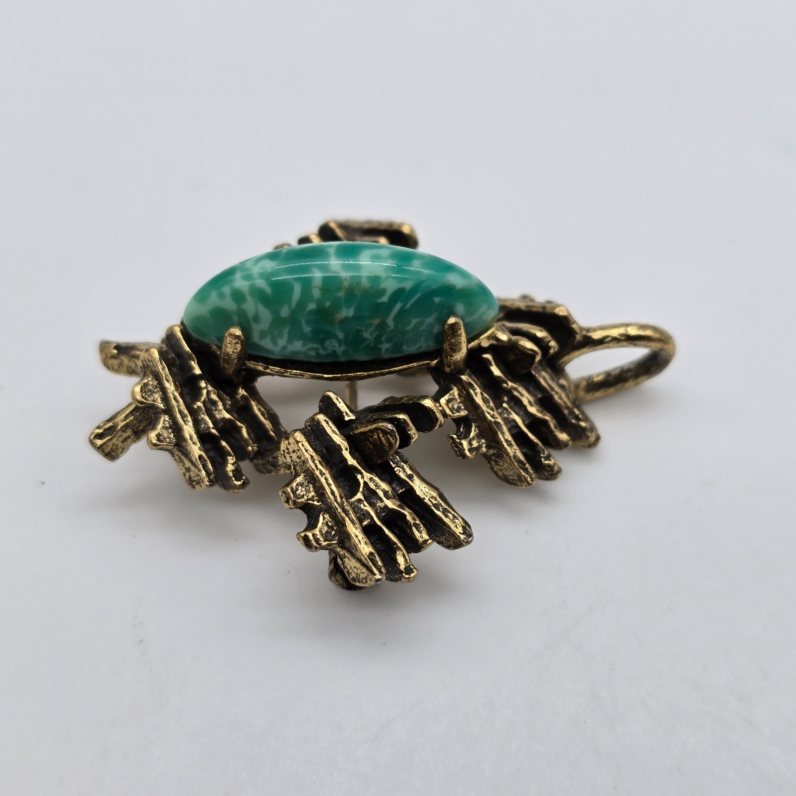Vintage ZENTALL Brutalist Green Glass Gold Tone Brooch / Pendant