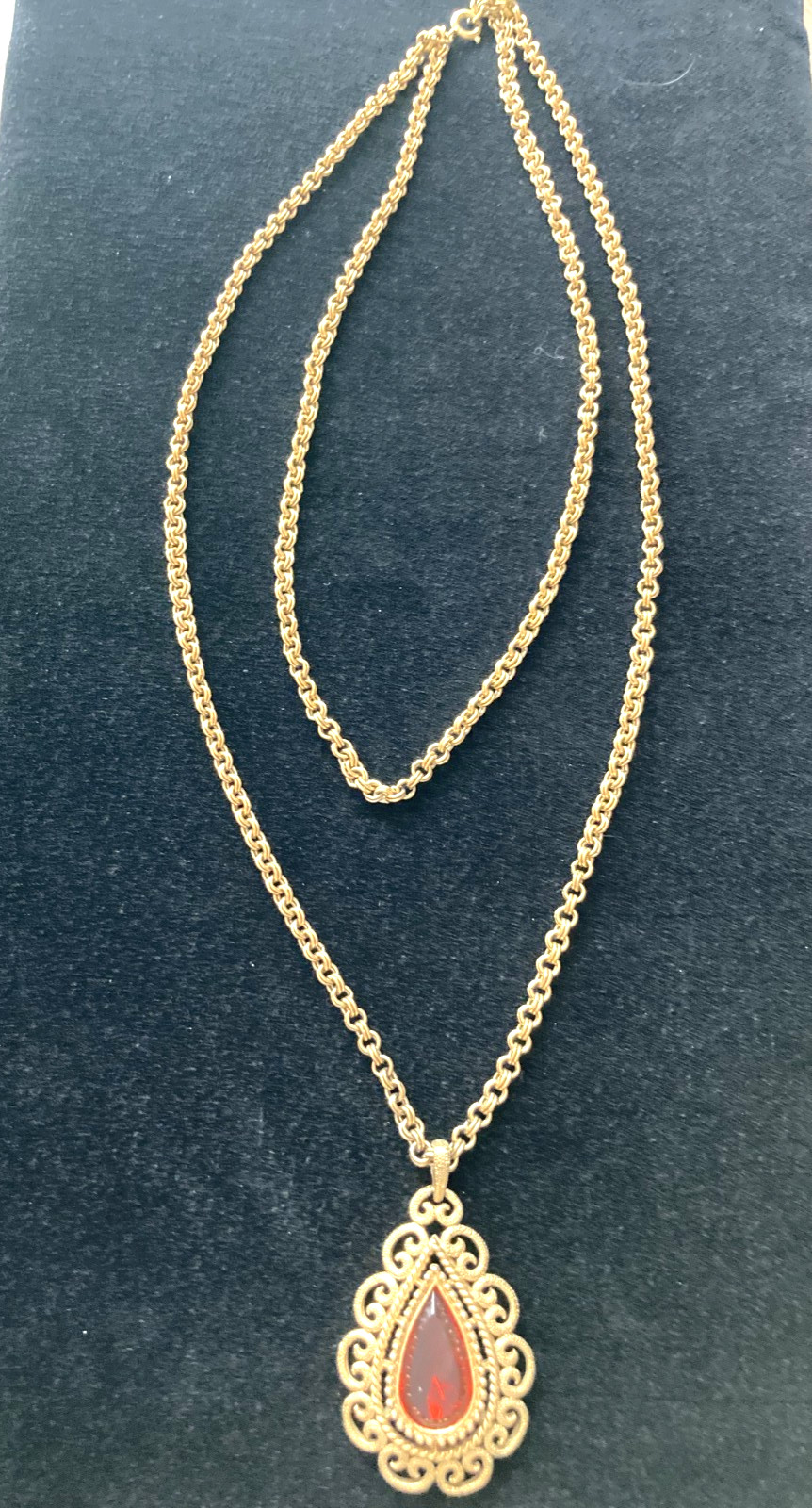 Vintage Granada AVON Teardrop Necklace-Lg Red/Orange Stone-Gold Tone Dubl Chain