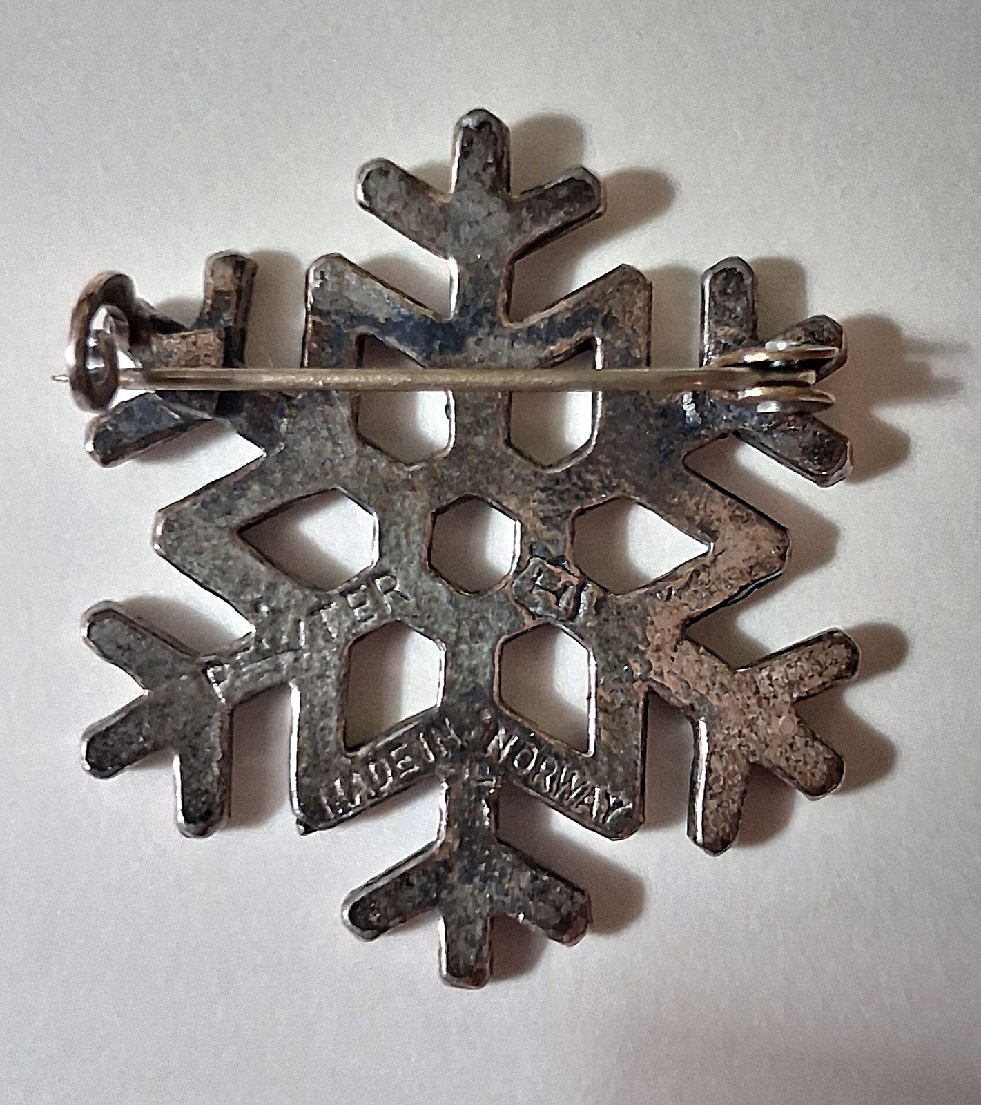 Vintage Norway Snowflake Pewter Brooch Signed 1 1/2 inch