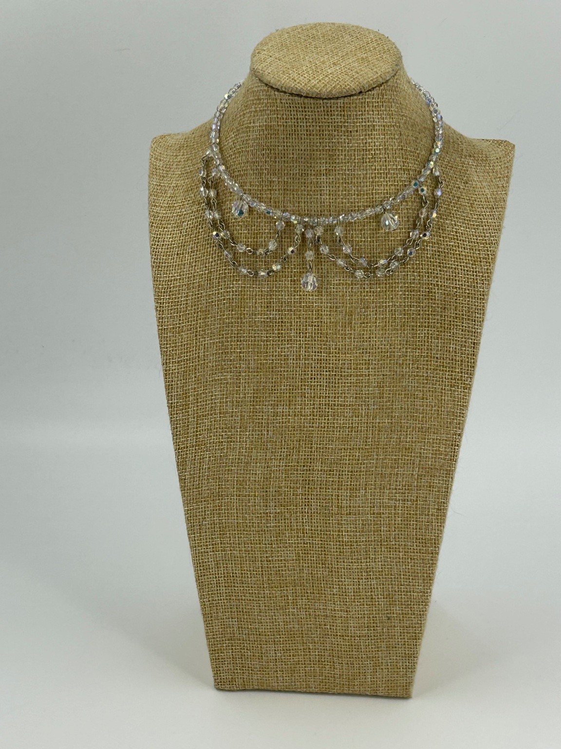 Vintage Crystal Choker Tension Necklace Silver Tone AB Faceted Glass Dangle