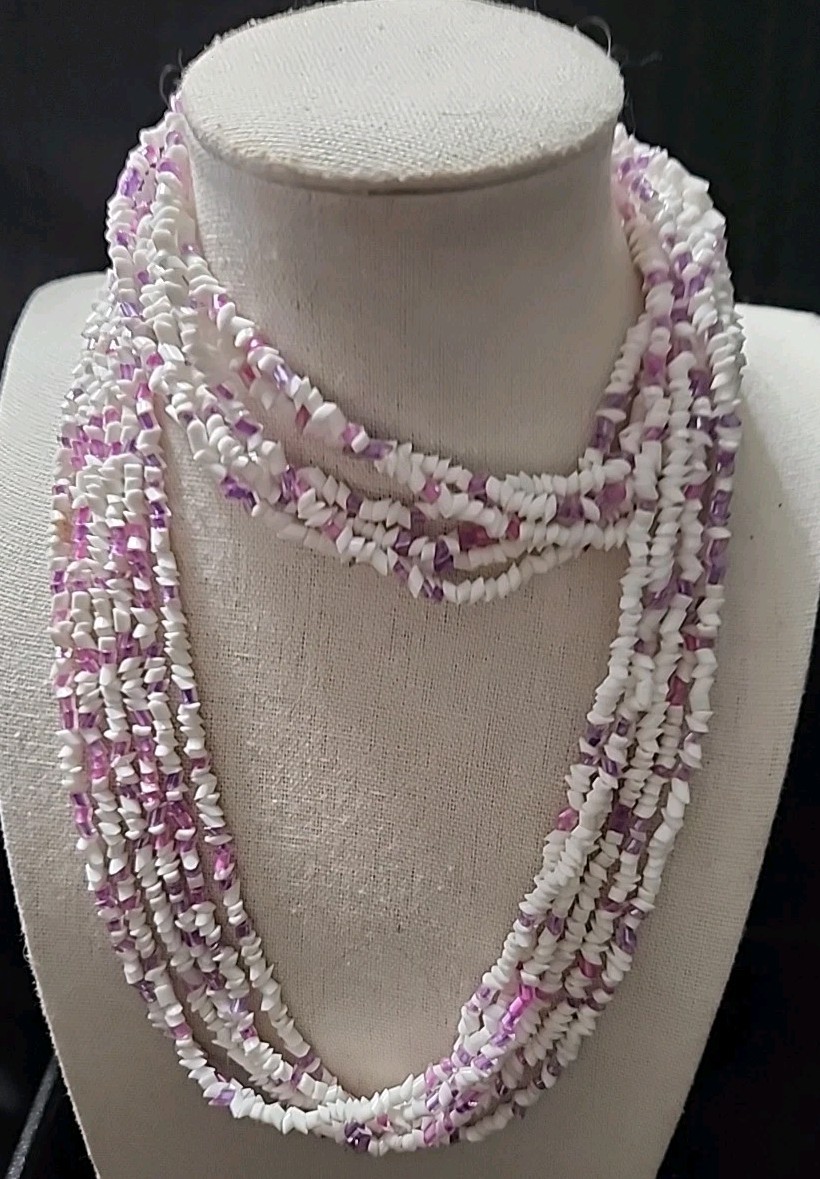 Bohemian Glass Vintage Necklace & Pierced Earring Set White/Purple/Pink 80s-90’s