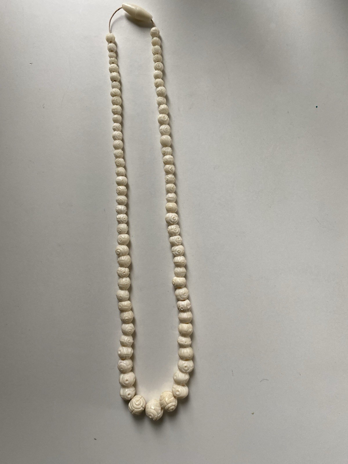 2 Vintage Carved Cow Bone Bead Necklaces w/ Bone Screw Clasp Chinese Export