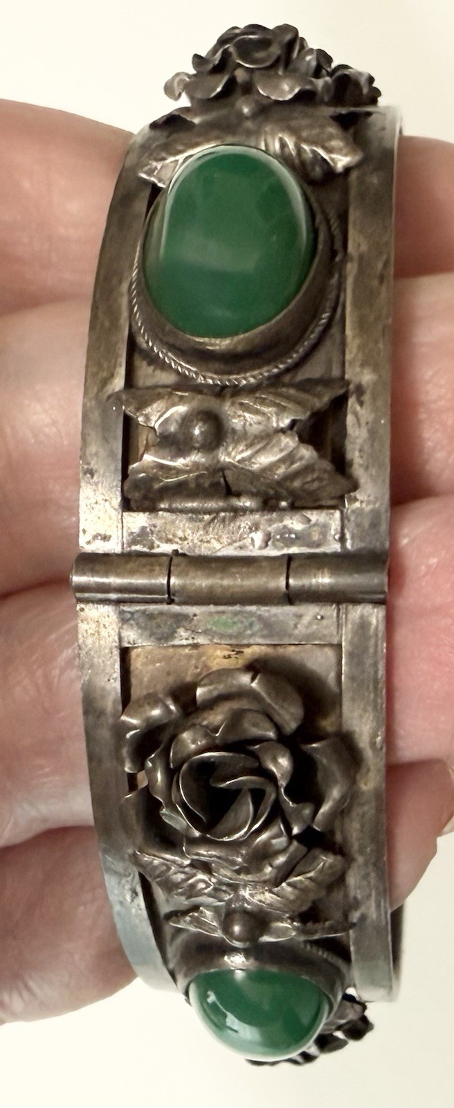 1930s BAUSI BRUNO Italy 800 Silver Chrysoprase 3D Roses Hinged Bangle 44g
