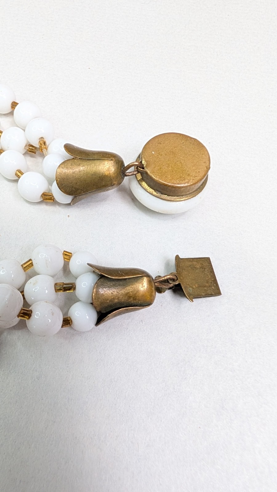 1950s Milk Glass Necklace Triple Strand With Brass Tulip Caps Glass Clasp 16.5in