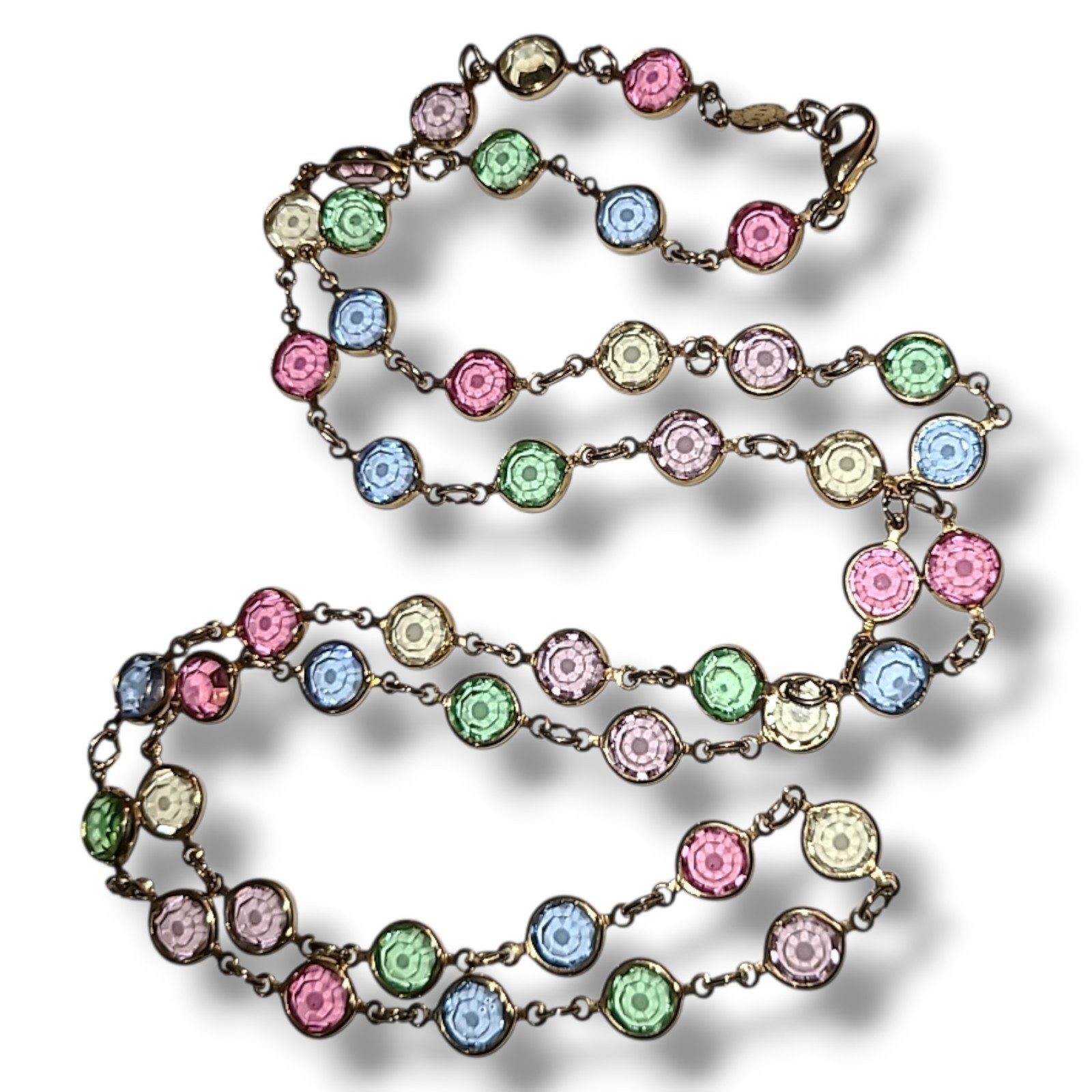 Austrian Crystal USA Vintage Necklace Multi-Color Open Bezel Gold Signed 34″