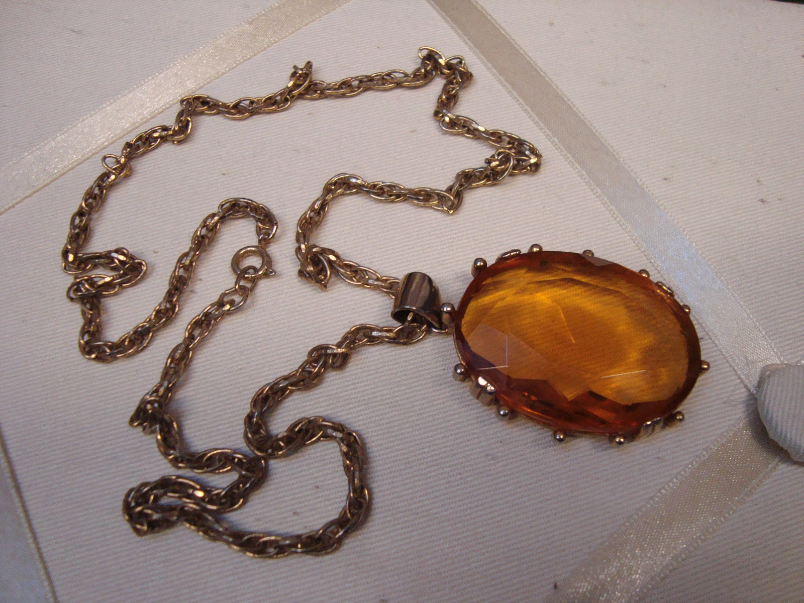 ANTIQUE CUSHION CUT CZECH GLASS PENDANT & CHAIN – FACETED TRANSPARENT TOPAZ