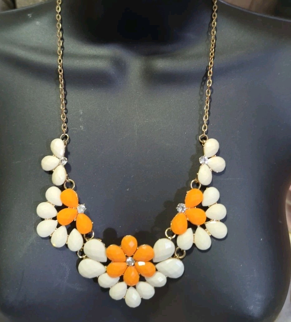 BIB Gold tone Orange & Cream with Rhinestones Scoop Necklace Vintage 70s