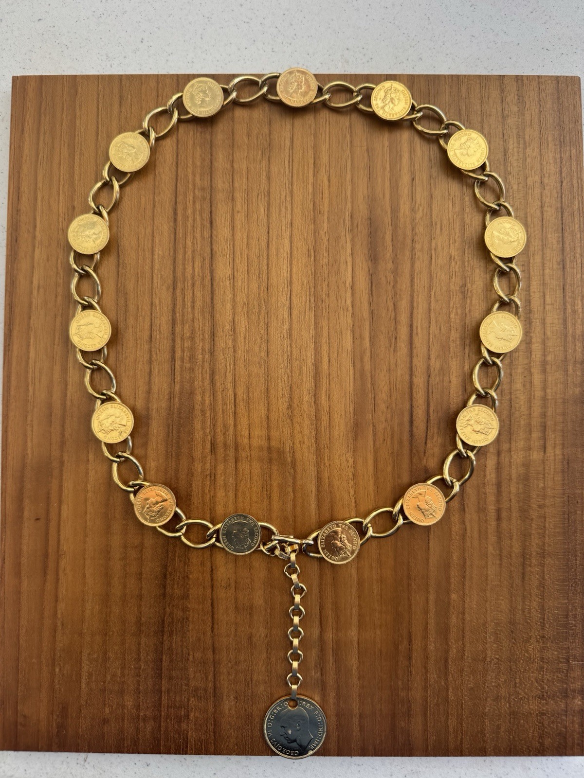 Vintage Gold-Tone Coin Necklace/Belt – Queen Elizabeth II Half Penny Coins-Retro