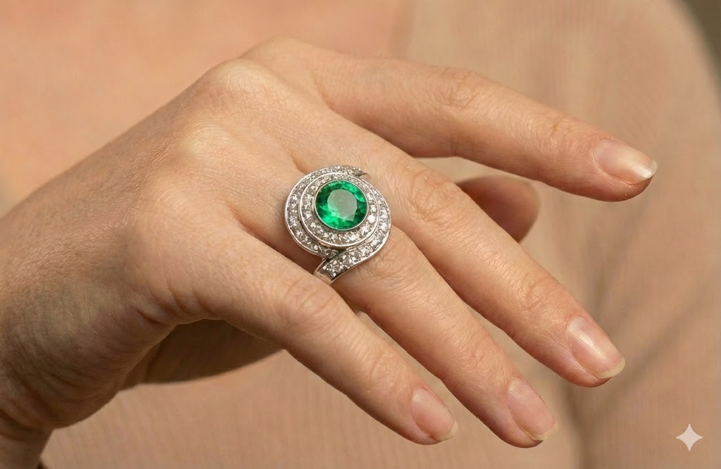 VINTAGE PLATINUM RING 1.52CT. NATURAL GREEN EMERALD ROUND SHAPE CIRC 1940’S