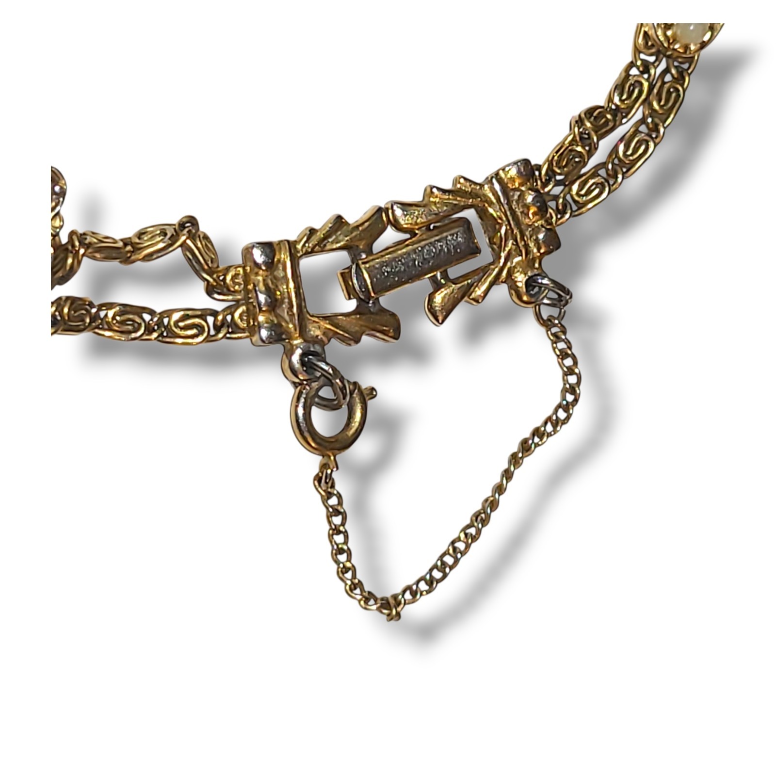 Vintage Goldette NY Cameo Charm Bracelet Double Chain Faux Pearl 7.25″