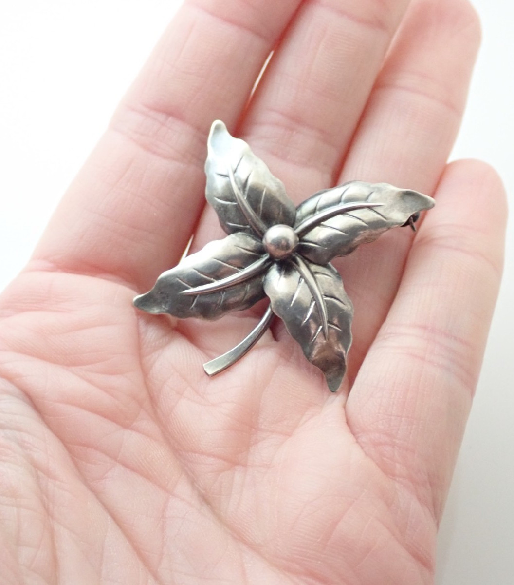 Vintage Niels Erik NE From Signed Denmark Flower Sterling Silver Brooch Pin