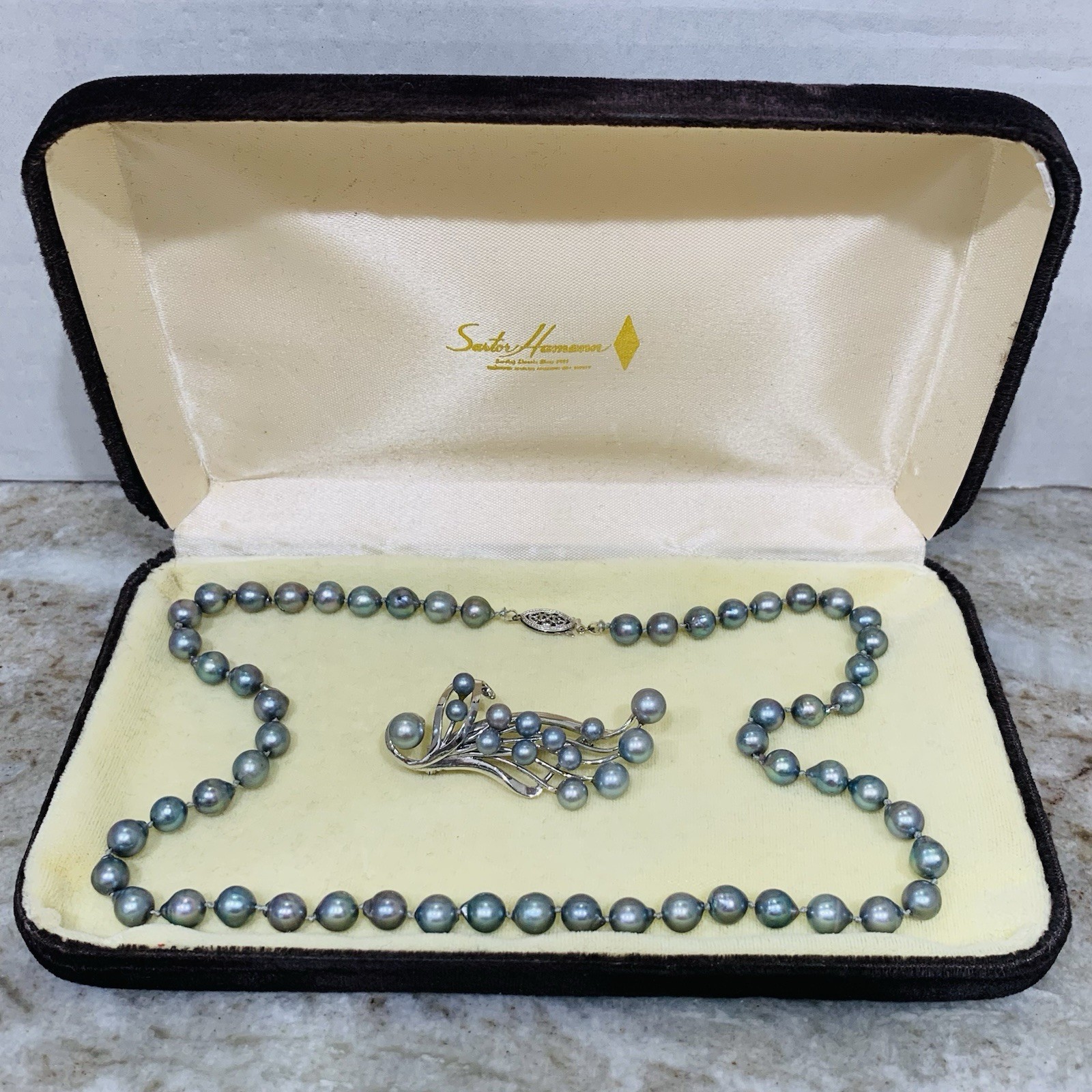 VTG BLUE AKOYA PEARL Necklace SET 10k WG 7mm Baroque Saltwater Pin 3″ SILVER 19″