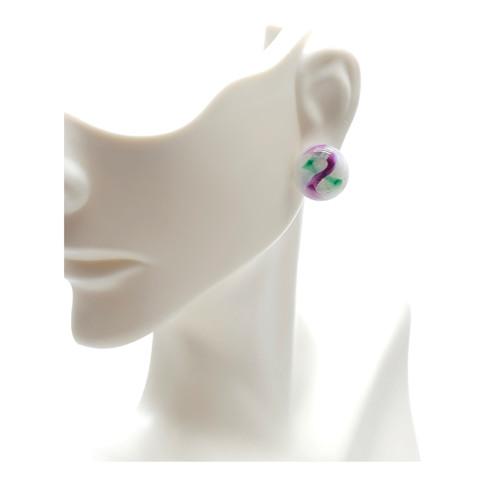 Purple Green White Art Glass Stud Earrings Butterfly Closure Silver Tone Vintage