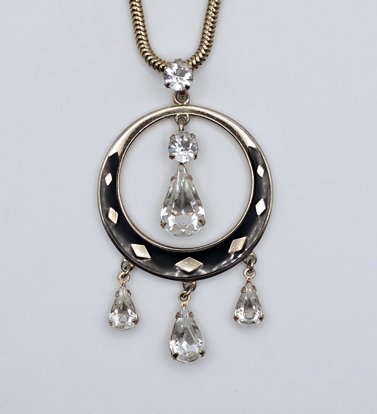 Vintage Art Deco Lavalier Pendant Necklace Gold Tone Black Enamel Crystal 15″