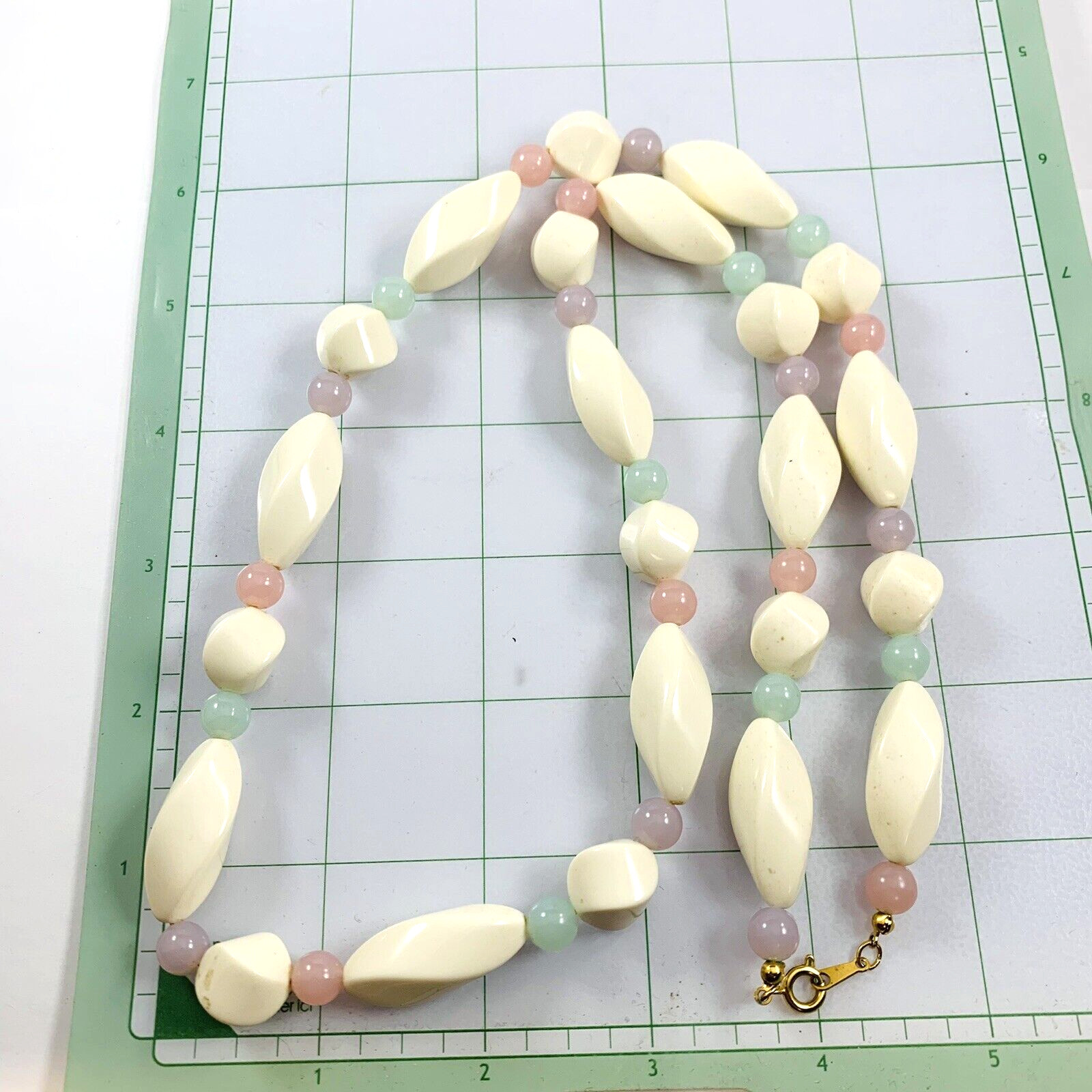 Vintage Twisted Off White & Pastel Pink Green Purple Beaded Necklace 28″