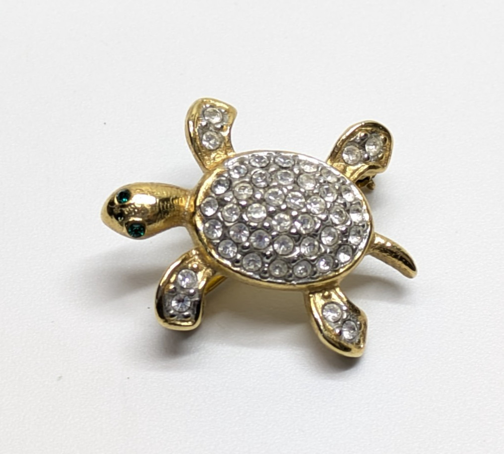 VTG Joan Rivers Pave Rhinestone Shell Gold Tone Baby Turtle Brooch Pin 1″