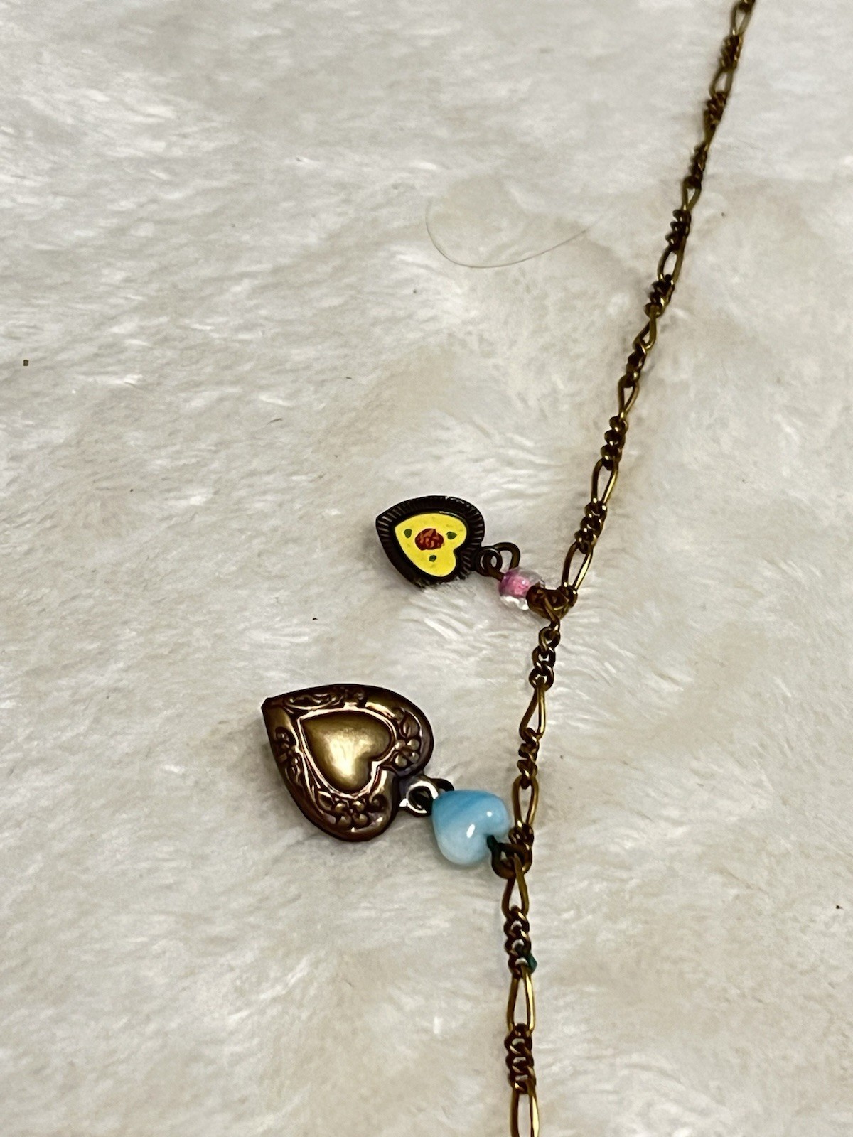 VTG GLASS WORKS STUDIO 19 Charms 29″ Long Bronze Necklace Hearts Lie Detector