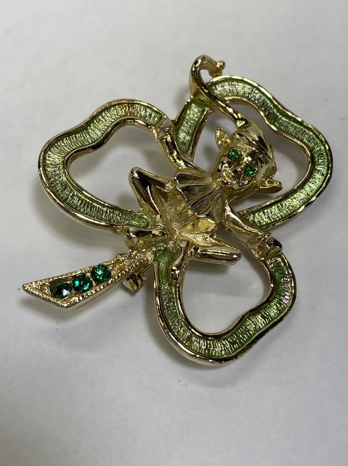 Signed BJ Leprechaun Shamrock Brooch Pin With Emerald Green Rhinestone Eyes