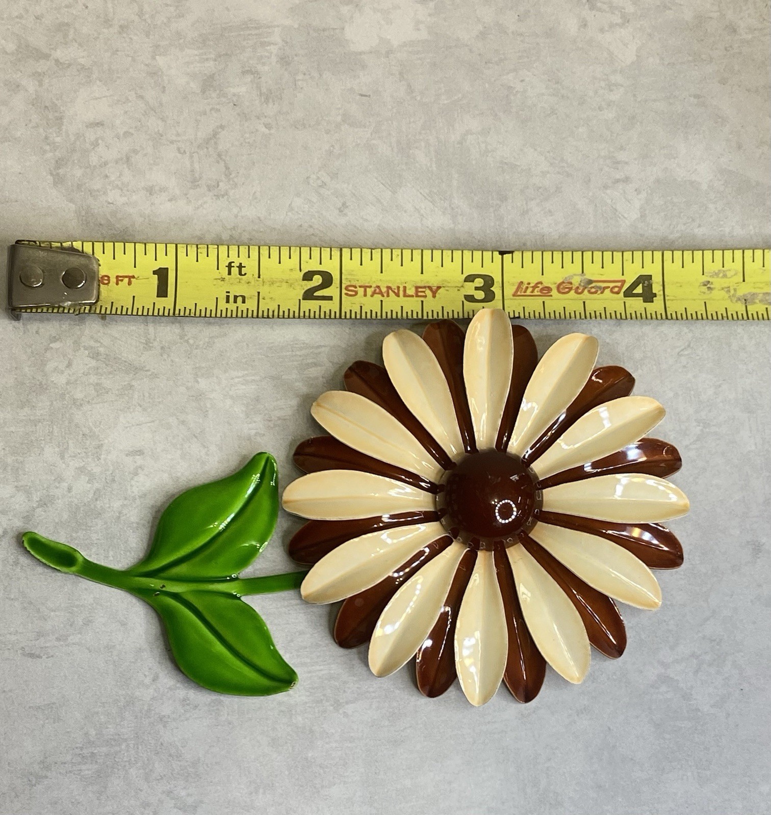 Vintage 60s Brooch Enameled Daisy Flower Cream Burnt Orange 4.25”