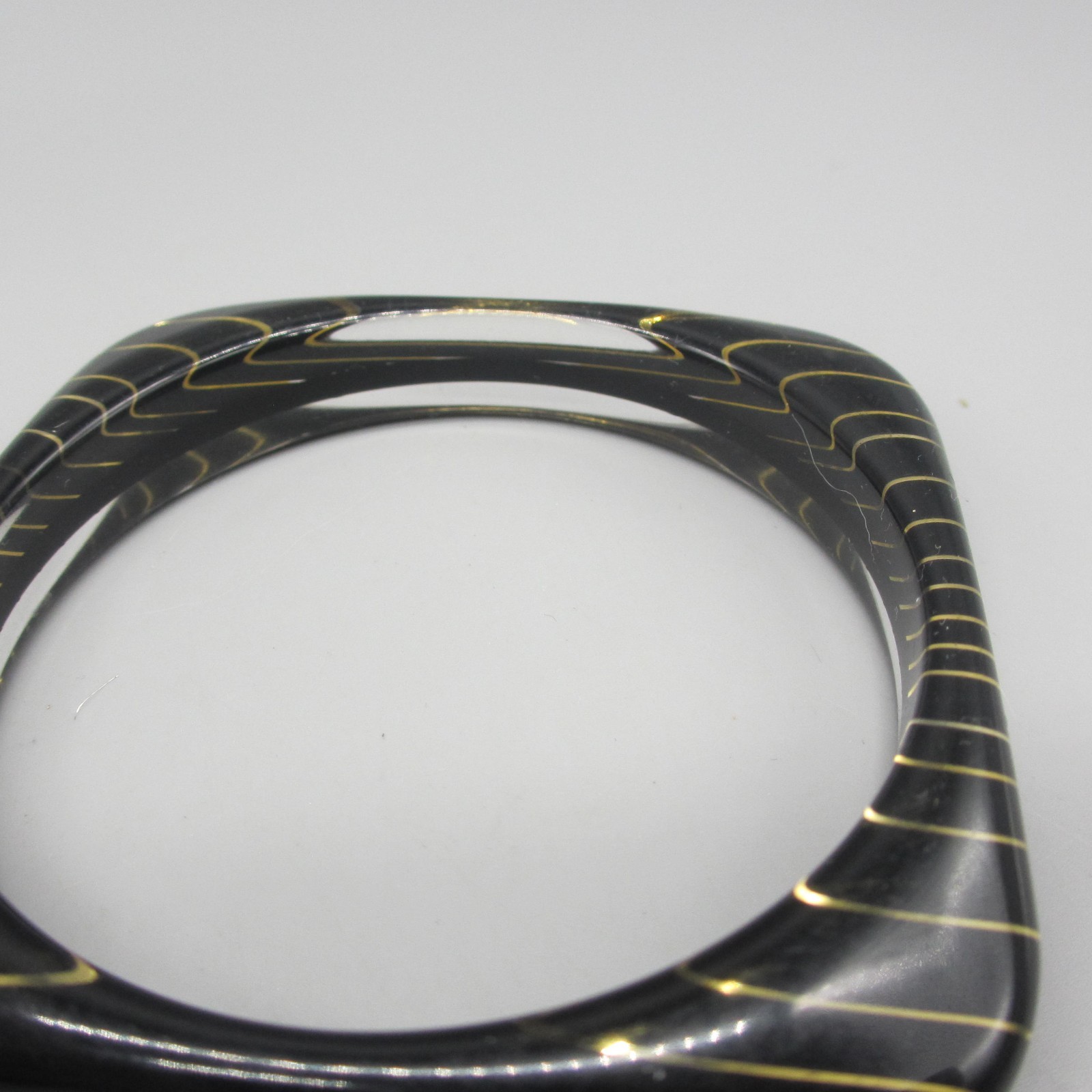 Vintage Lucite Bracelet Bangle Black Clear Golden Stripes Rounded Square