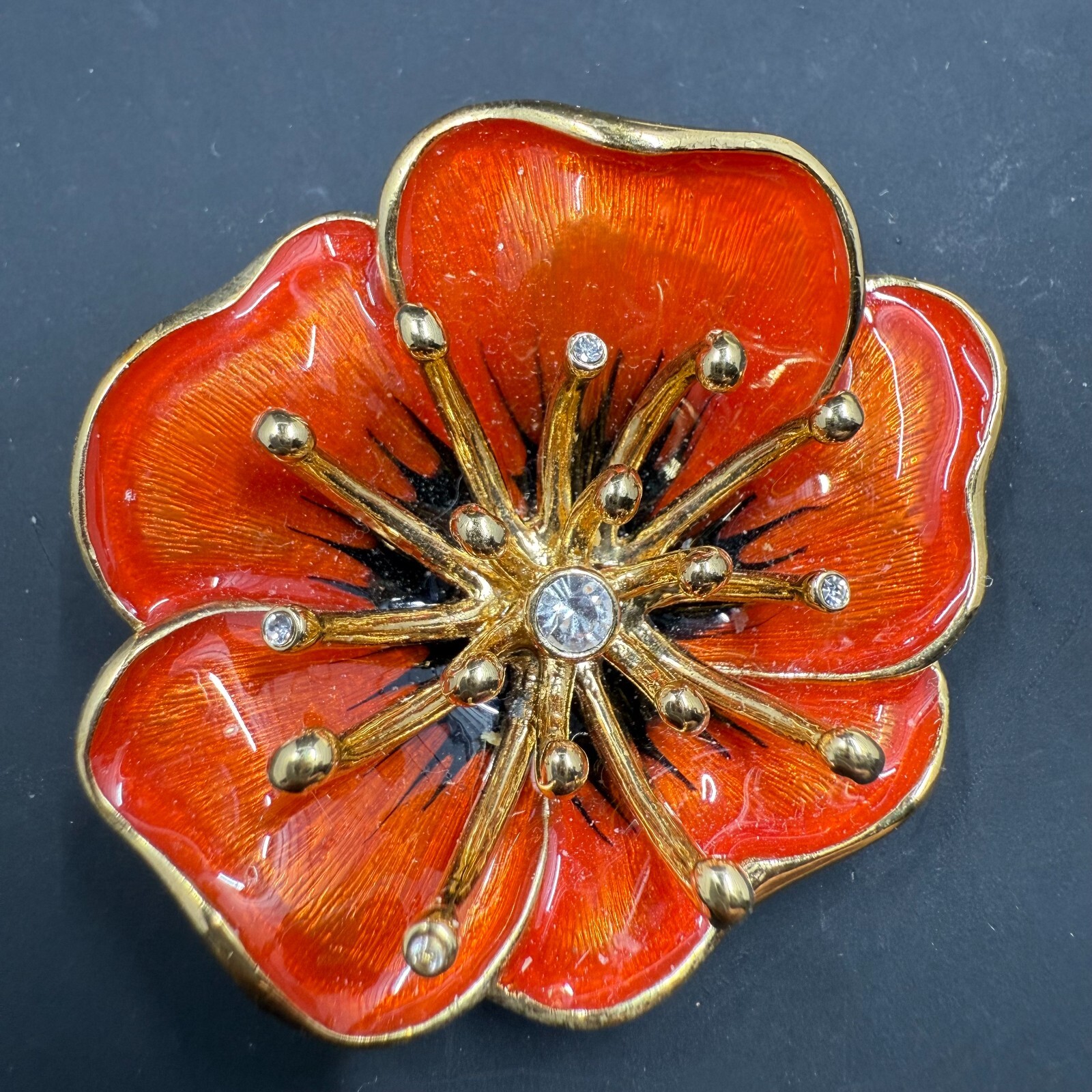 🌺 Vintage Monet Red Poppy Flower Brooch 1.5″ Gold Tone Rhinestone Pin Signed 🌟