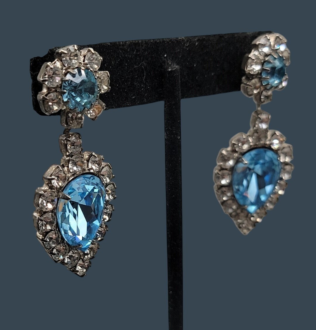 Vintage Art Deco Baby Blue Clear Rhinestone Teardrop Dangle Post Earrings