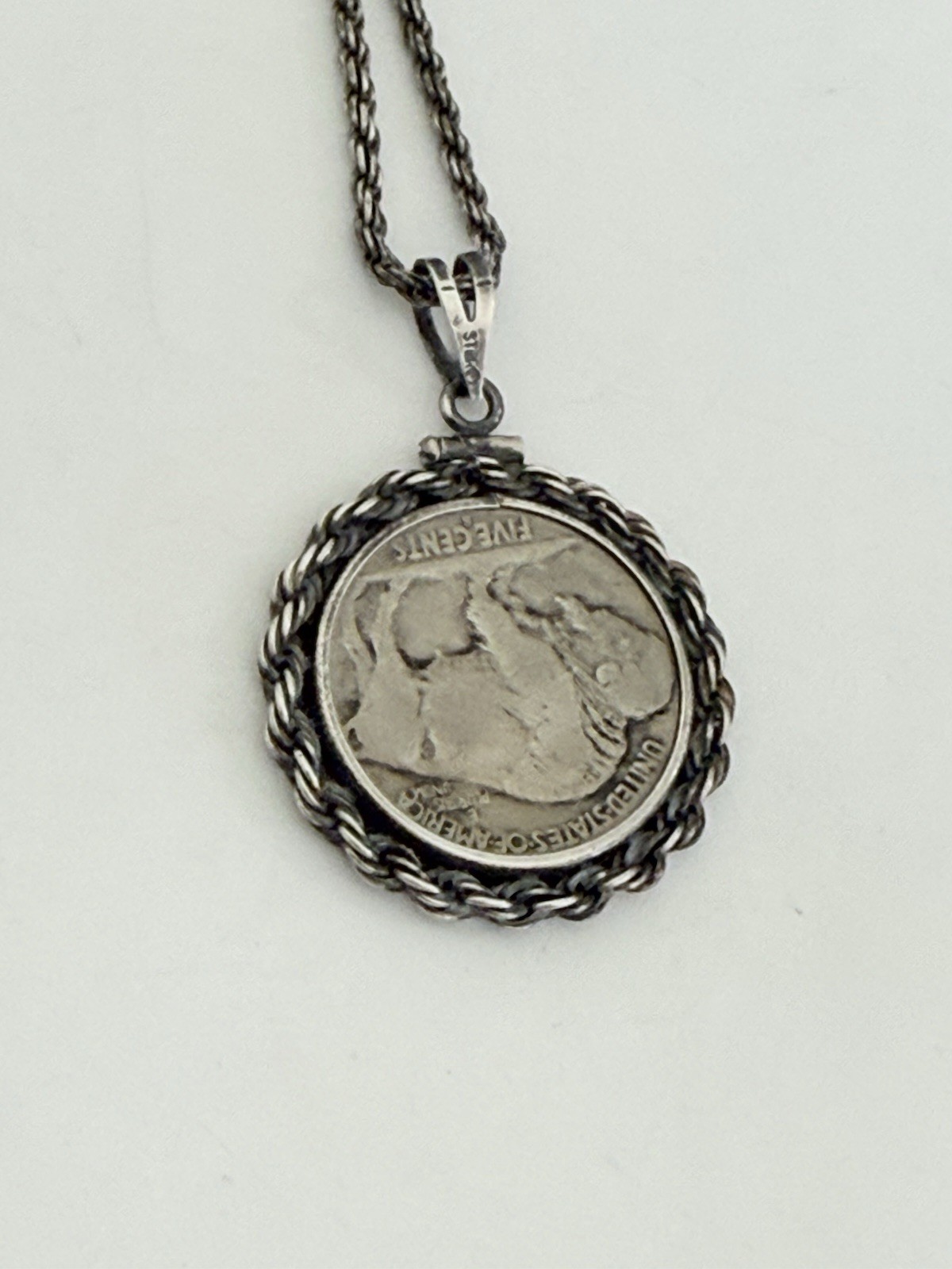 Vintage 1937 Buffalo Nickel Coin Pendant 925 Sterling Silver Chain 15-grams