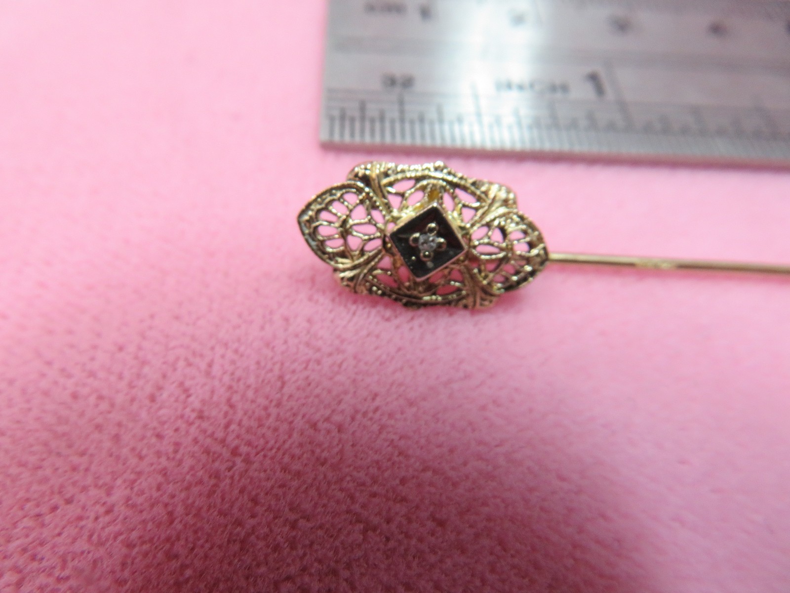 Vtg BDA 14K Solid Y. Gold Stick with 1/20 12k GF Diamond Top Stick Pin 1.13 G