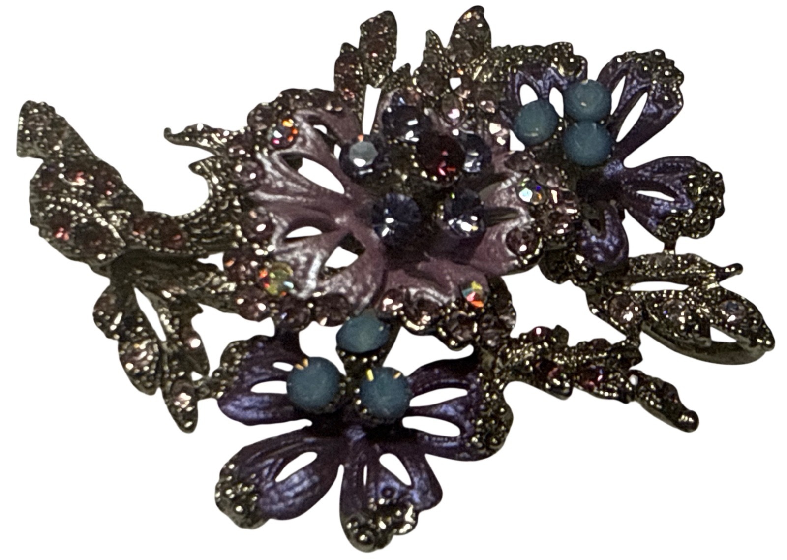 Vintage purple and blue crystal rhinestone flower cluster Pendant/Brooch 2″ EUC