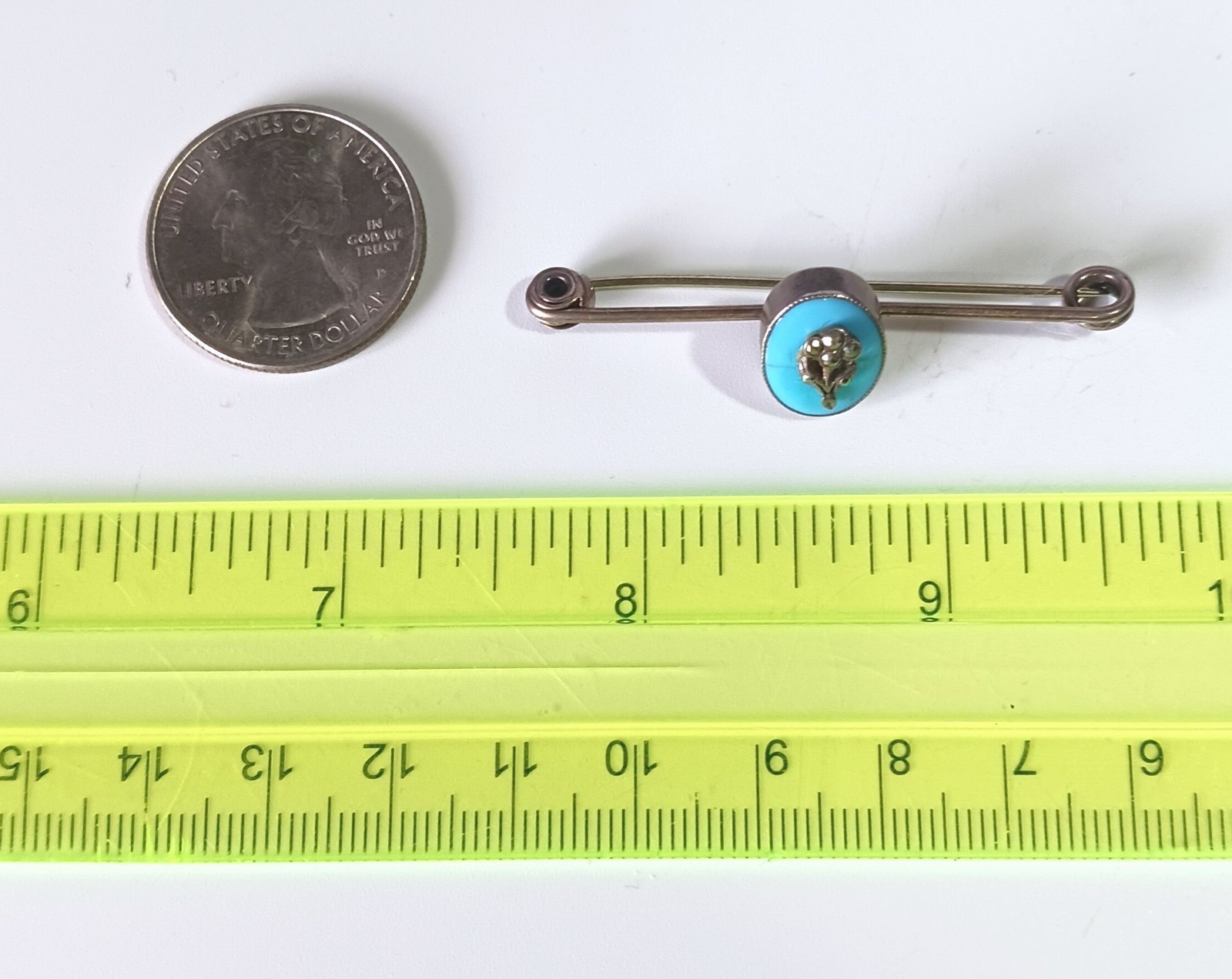 Hallmarked Antique Bar Pin: Turquoise Oval Stone w Marcasite Flower Bouquet