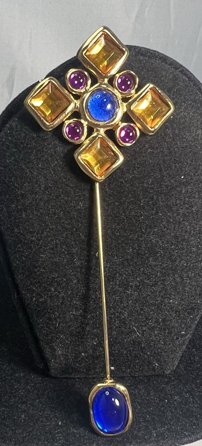 Beautiful RARE Multi Color Gripoix Cab Mogul Maltese Cross Jabot Stick Lapel Pin