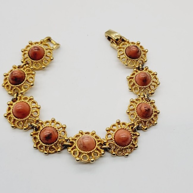 Sarah Coventry Bracelet Filigree Flower Cabochon Link Vintage 7.25 in