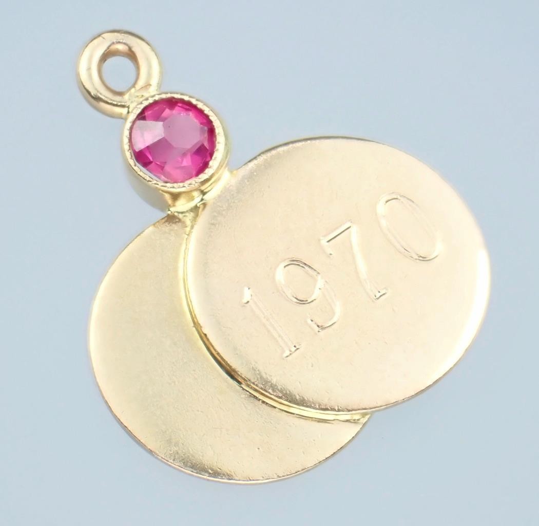 Pretty Vintage Solid 14K Gold Lab Created Ruby Medallions ‘1970’ Charm Pendant