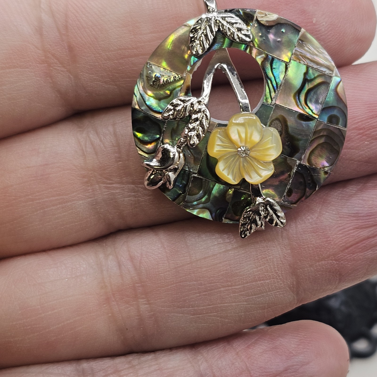 Vintage Abalone Mosaic Mother Of Pearl Floral Dangle Earrings Paua Shell Inlaid
