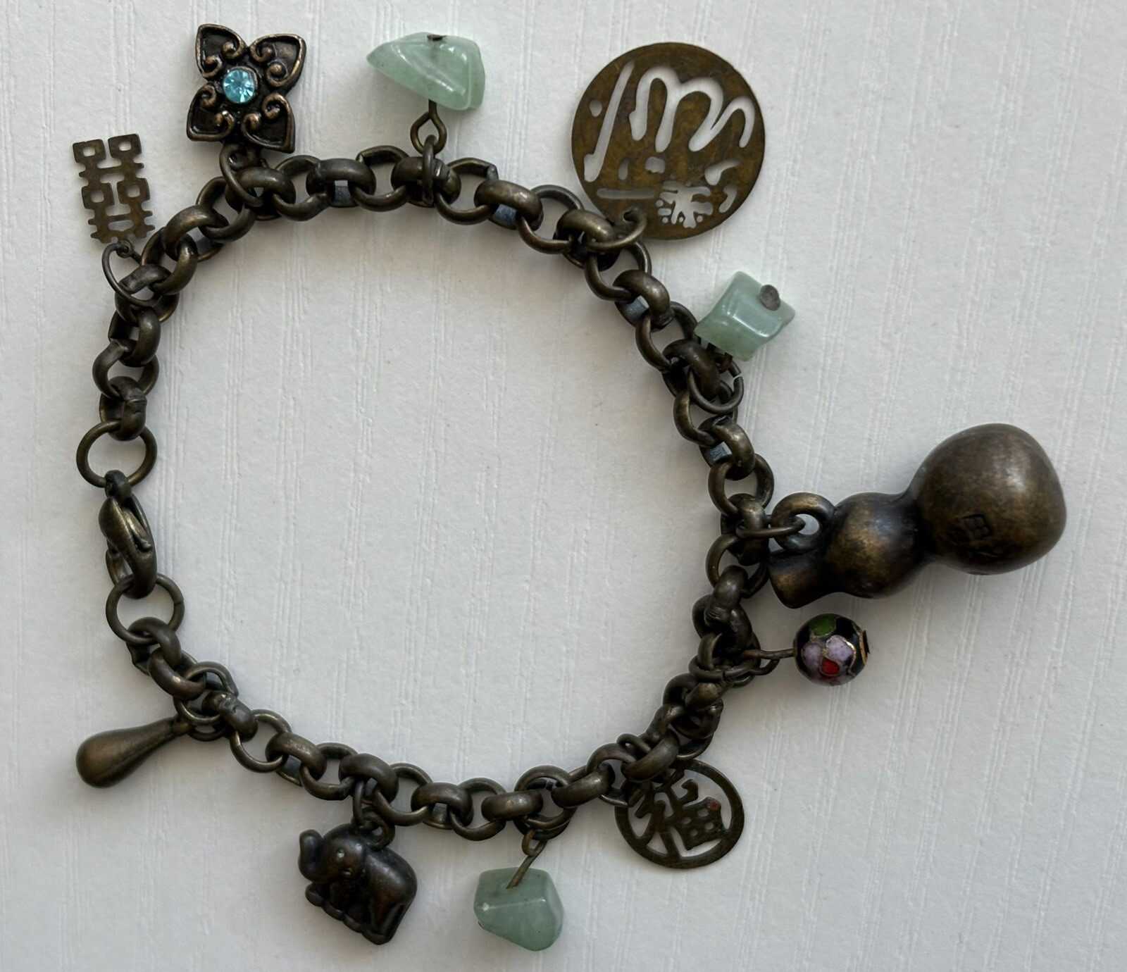Vintage Chinese Cloisonné Charm Bracelet 7.25in Ladies Good Luck Jade 16.80g