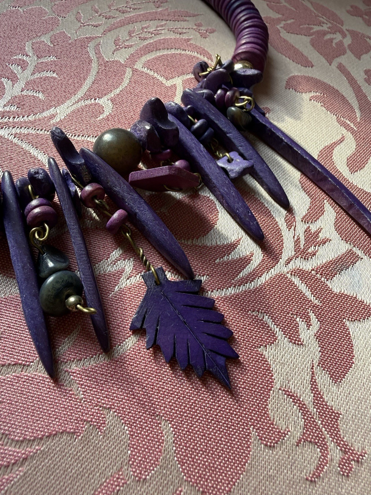 Vintage Funky Spike Purple Wood Leaf Beaded Necklace Tribal Festival Statement