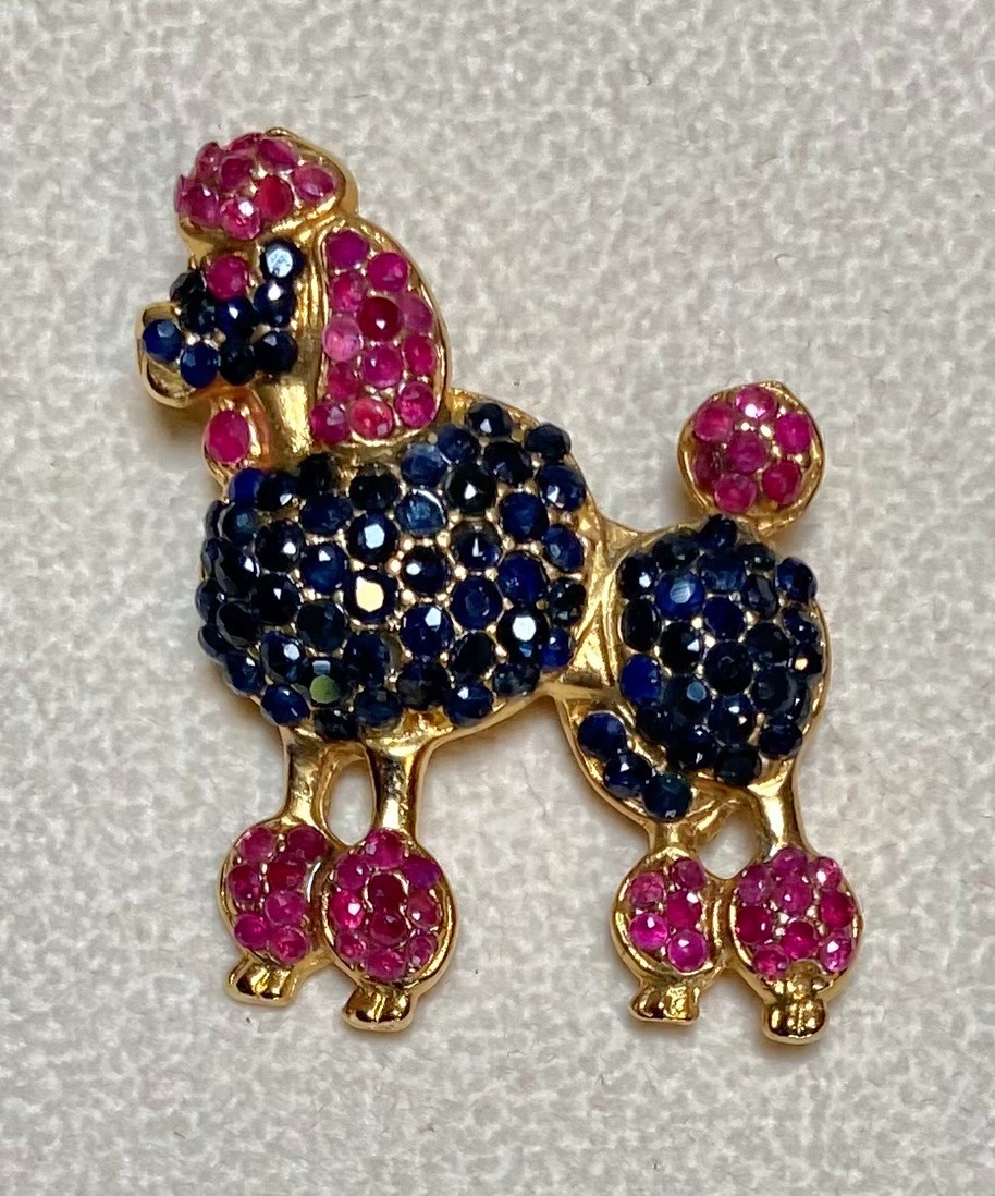 AUTHENTIC SWOBODA POODLE DOG BROOCH ~ GENUINE RUBY, SAPPHIRE ~ CHARMING!