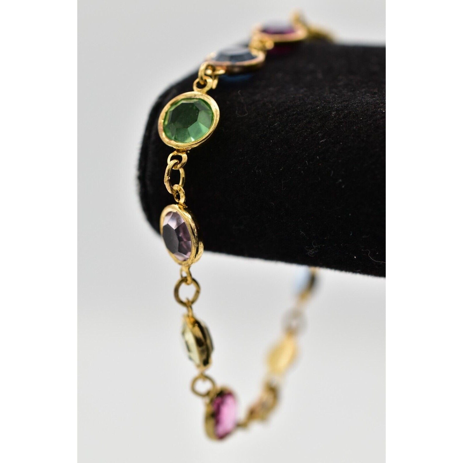 Austrian USA Vintage Crystal Chain Bracelet Open Bezel Gold Linked Signed BinAD