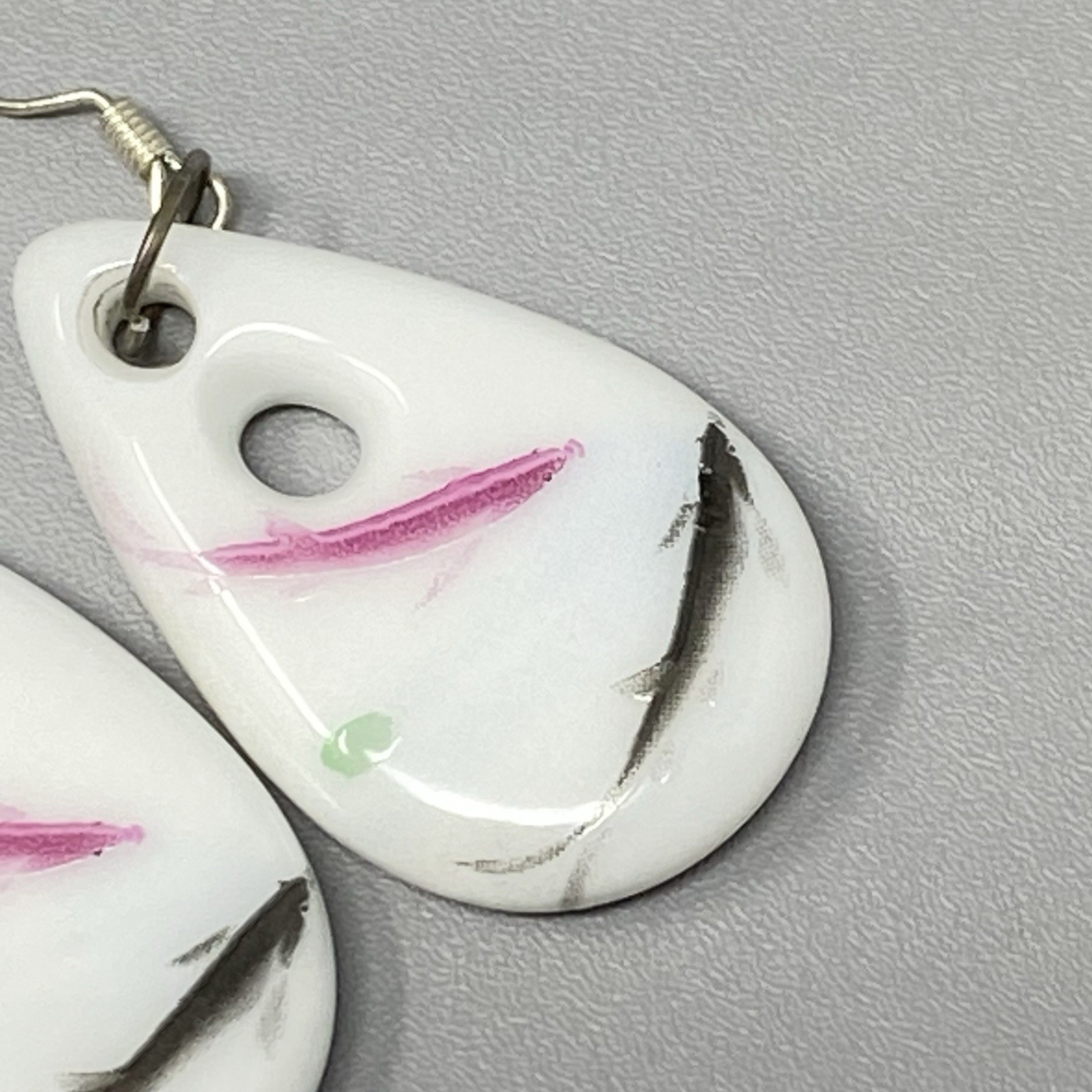 White Glass Bead Earrings Pink Black Splatter Teardrop Pierced Dangle Drop Hook