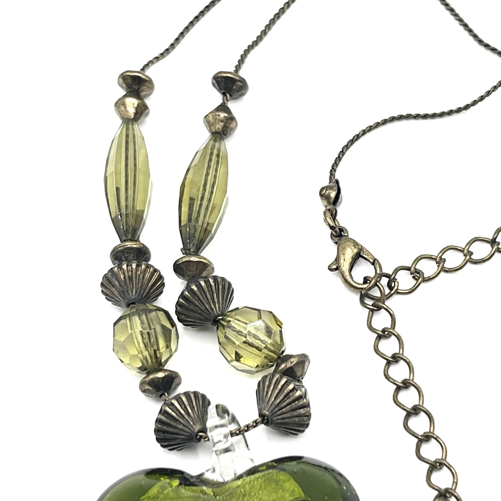 Vintage Murano Style Green Foiled Art Glass Puffy Heart Necklace 18”
