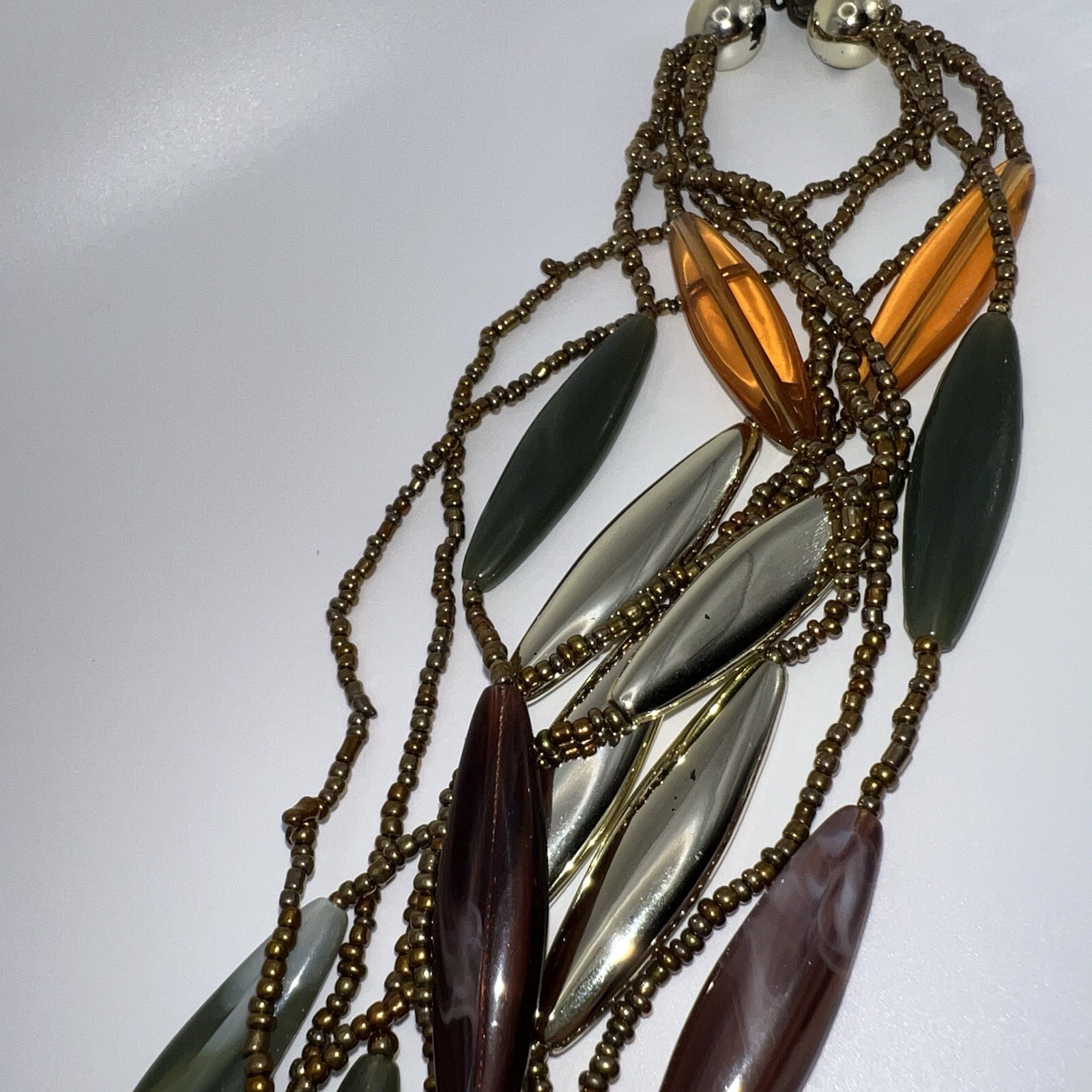 Vintage Plastic & Small Glass Beaded Necklace 32” End to End Beading Warm Colors